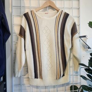 60s 70s Vintage Crewneck Cream and Brown Striped Sweater
